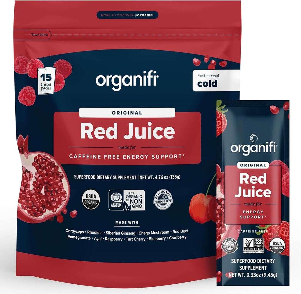 Organifi Red Juice - Energipulver reduserer ettermiddagskranser og øker dialyse og immunsystem, 15 Go Packets