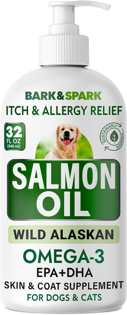 BARK & SPARK Salmon Olje til hunder og katter - Naturlig Omega-3 Fiskeolje til hunder - Hud og Coat Support - Flytende kosttilskudd til kjæledyr - EPA+DHA Fettsyrer for felles funksjon, immun- og hjertehelse 32oz