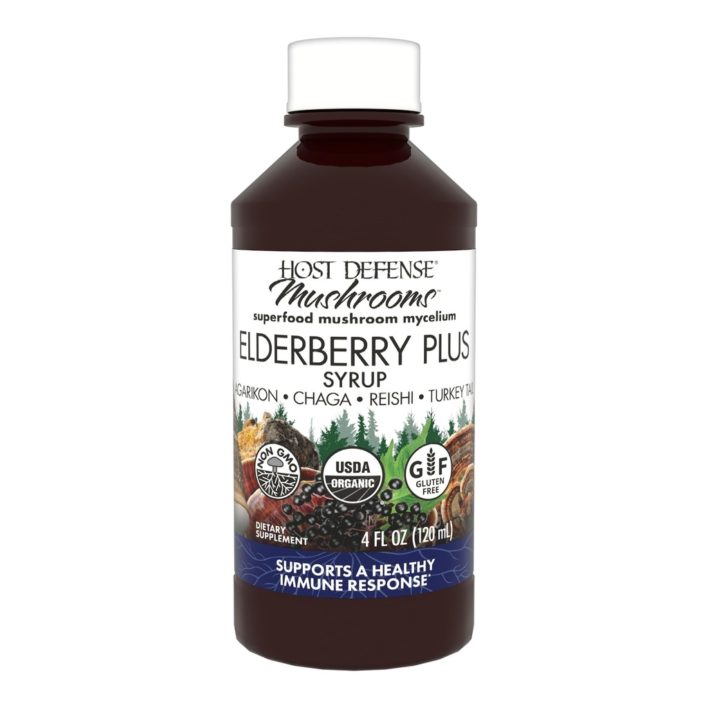 Host Defense Elderberry Plus Syrup - Immune, Respiratory & Lung Support Supplement* - Flytende Mushroom Supplement med Tyrkia Tail, Reishi, Agarikon & Chaga* - 4 fl oz (12 Serveringer)