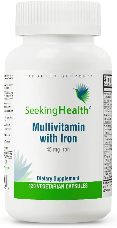 Søker helse multivitamin med jern, 45 mg chelatert jern, aktive B-vitaminer Plus L-5-MTHF, støtter sunn immunsystem og energiproduksjon, vegetariske kapsler (120 kapsler)*