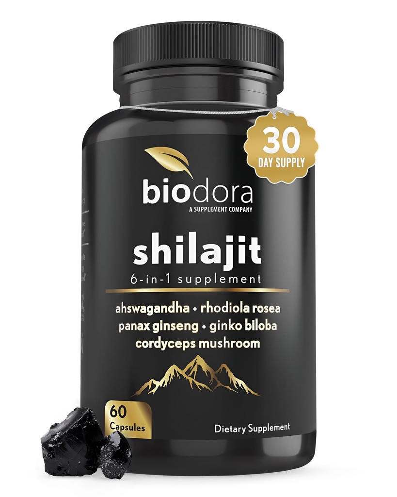 6-i-1 Shilajit Supplement 300mg, Mood og energistøtte Supplement med 60mg ren Ashwagandha, Rhodiola Rosea Panax Ginseng for immunstøtte, minne og fokus, 85+ Trace Minerals, 60 Kapsler