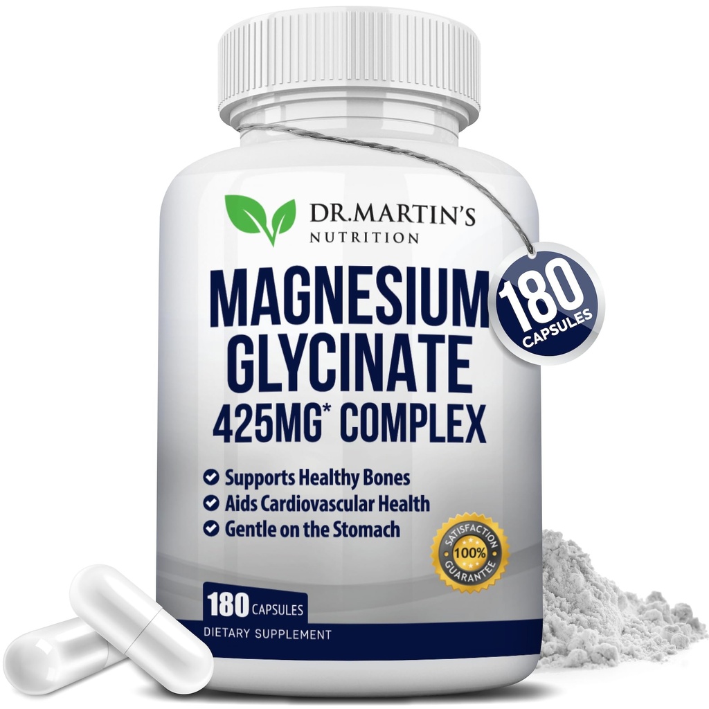 Premium Magnesium Glycinate 425mg - 180 Vegan Capsules - Hjelper med stress relief, søvn, muskelkramper og sunn hjerte