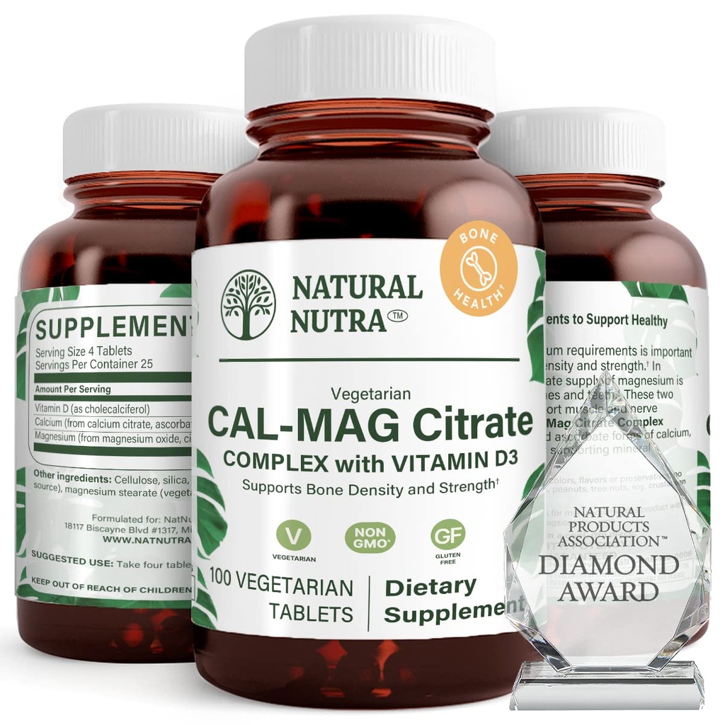 Naturlig Nutra Cal-Mag Citrat med vitamin D3,1000/500 mg kompleks, styrke bentetthet, muskel og nerve helse, bidra til å opprettholde sunne tenner, høy biotilgjengelige kilder, 100 vegan tabletter