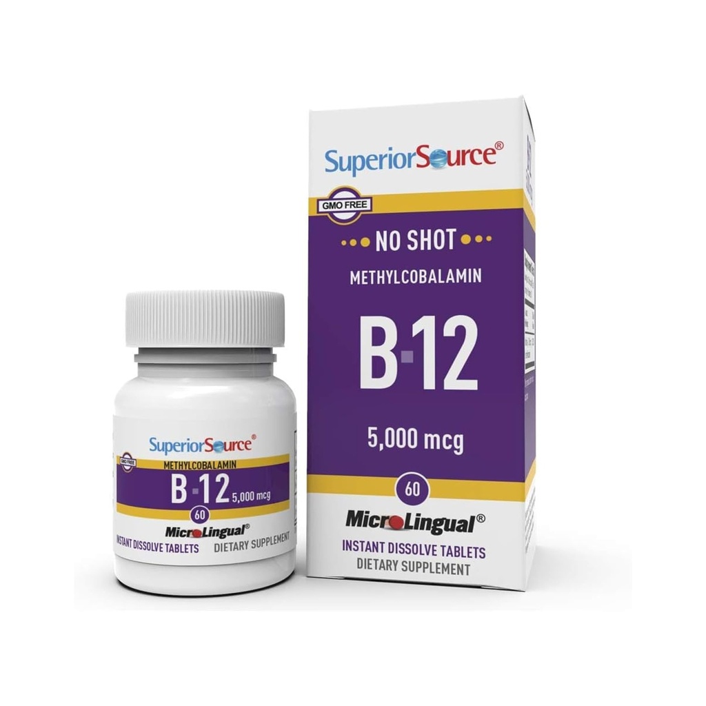 Superior Source No Shot Metylcobalamin B-12 5000mg - Vitamin B-12 for å støtte energiproduksjon, hjernehelse og total velvære - Sublingual Tabletter for rask absorpsjon - 60 Oppløsende tabletter
