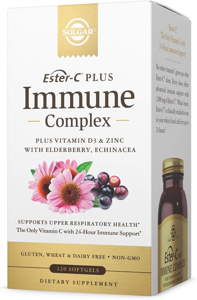 Solgar Ester-C Plus Immune Complex -120 Softgels, 24-timers immunstøtte, støtter øvre respirasjonshelse - Plus D3, Zink, Elderberry & Echinacea - Ikke-GMO, Glutenfri, Dairy Free - 60 Services,