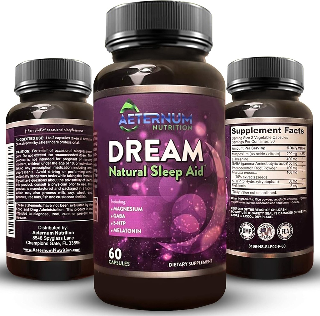 Dream Natural Sleep Supplement for voksne – avslappende søvn, våken hvilet - ikke habit sovehjelp kapsler fri fra sukker, karbohydrater - melatonin, magnesium, 5HTP, L-theanin, GABA- ikke-GMO 60 sovepiller