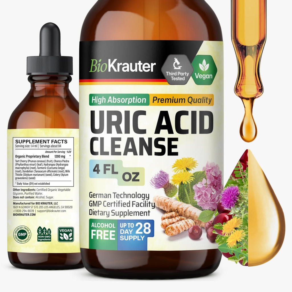 BIO KRAUTER Uric Acid støtte Tinktur - Naturlig Nyre Supplement w/Tart Cherry, Melk Thistle, Turmeric Herbal flytende ekstrakter - Vegan Drops 4 Fl.Oz.
