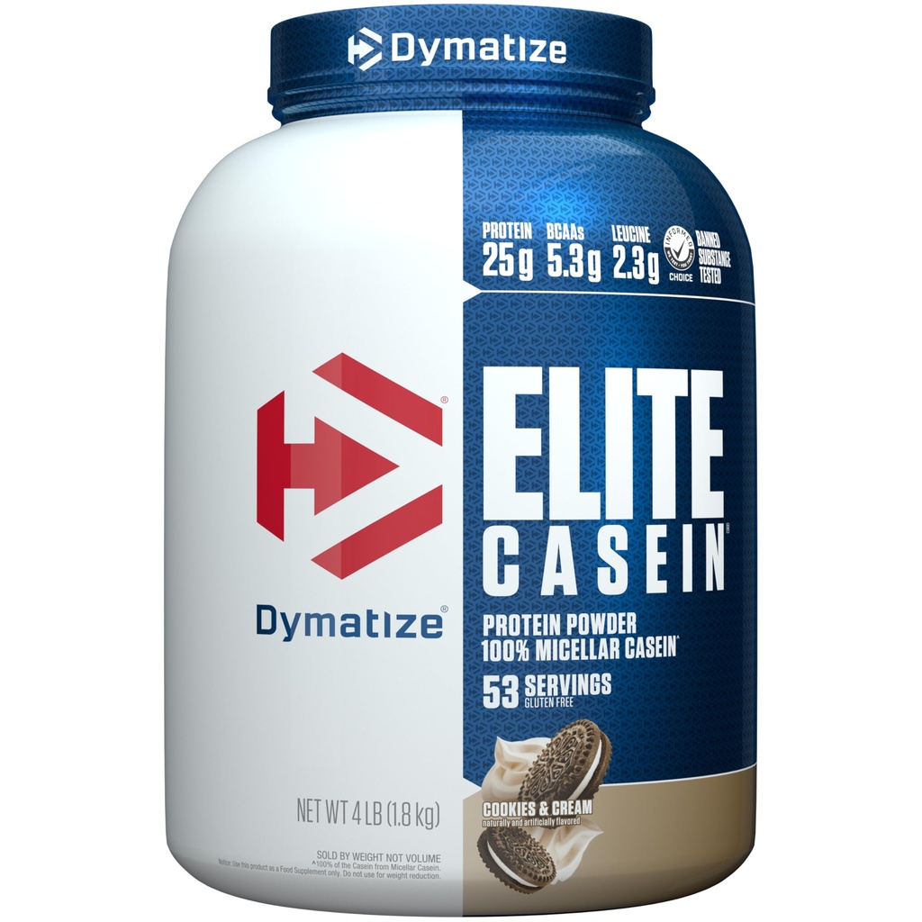 Dymatize Elite Casein Protein pulver, informasjonskapsler og krem, 100% Micellar Casein, 25g Protein, 5,4 g BCAA, 2,3 g leucin, langsom absorbering for overnattingsmuskelutvinning, 4 lb (53 serveringer)