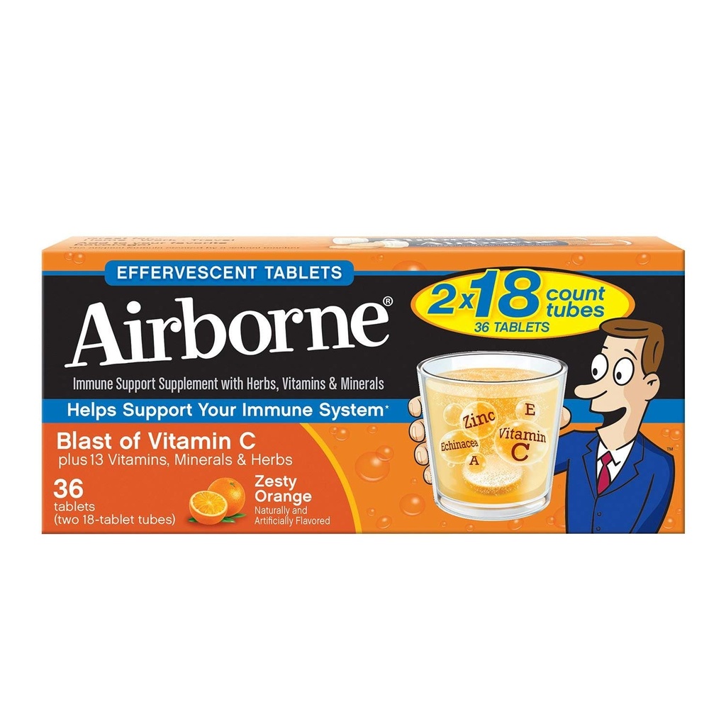 Vitamin C 1000mg (per porsjon) - Airborne Zesty Orange Effervecent Tabletter (36 telle i en eske), Glutenfri immunstøtte Supplement og høy i antioksidanter