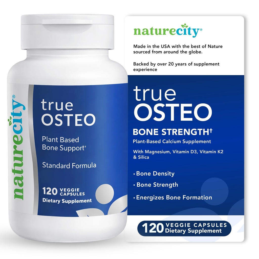NatureCity True-Osteo Plantebasert kosttilskudd for beinstyrke | AlgaeCal kalsium & magnesium, Plantebasert vitamin D3, vitamin K2, silikon | Gentle på magen (120 Veggie Capsules)