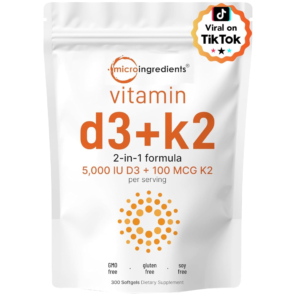 Mikroingredienser Vitamin D3 5000 IE + K2 MK-7 100 mg, 300 Softgels | 2-i-1 Vitaminer D & K Kompleks | Ekstra styrke, lett å svelge, ikke-GMO, Glutenfri