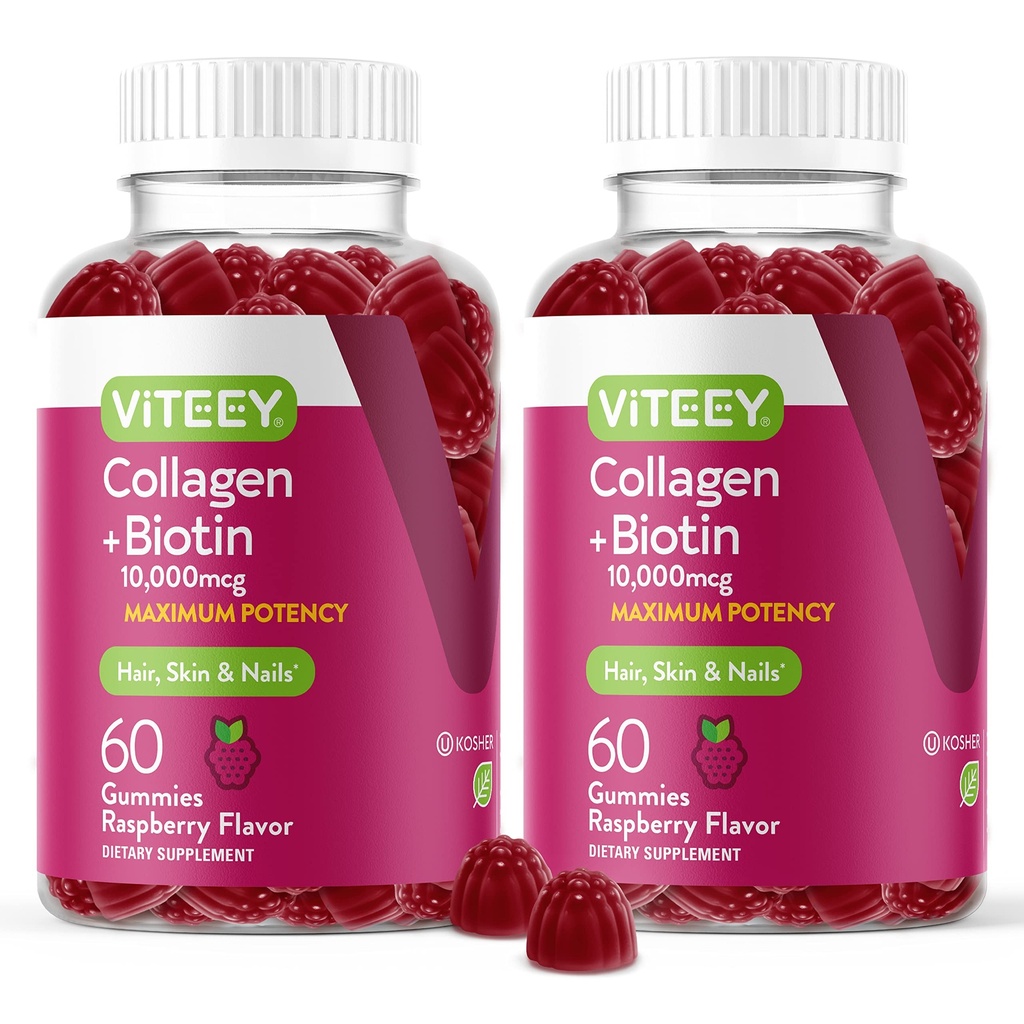 Viteey Collagen Gummies med Biotin Gummies for hår og negler vitaminer - Biotin og kollagen kosttilskudd for kvinner og menn - Vegan, Glutenfri – 120 greve