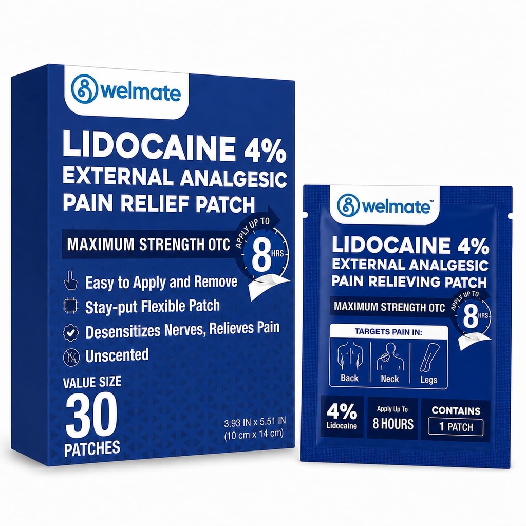 WELMATE - 4% Lidocaine Numbing Patch - Maksimum styrke - midlertidig lindring av smerte, rygg, nekk, skulder, kne, elbows, mindre hud irritationer - Topical Analgesic Unscented - 30 ct