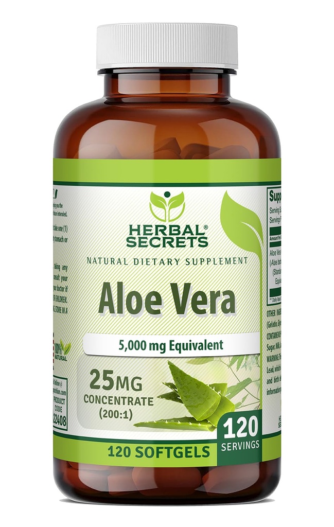 Herbal hemmeligheter Aloe Vera 25 Mg Konsentrum 200:1 | 5000 Mg Ekvivalente | 120 Softgels | Ikke-GMO | Glutenfri | laget i USA