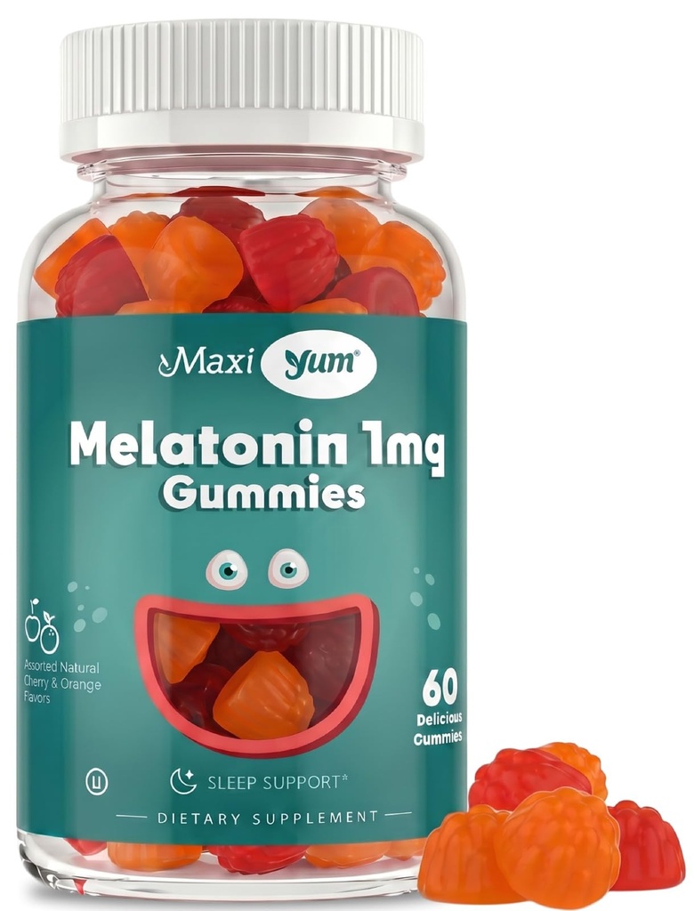 Maxi Helse 1 mg Melatonin Gummier – Kids Melatonin Chewables med naturlig Cherry & Orange Flavor – voksen og baby søvn hjelpetilskudd for å støtte hvilefulle netter (60 Count)