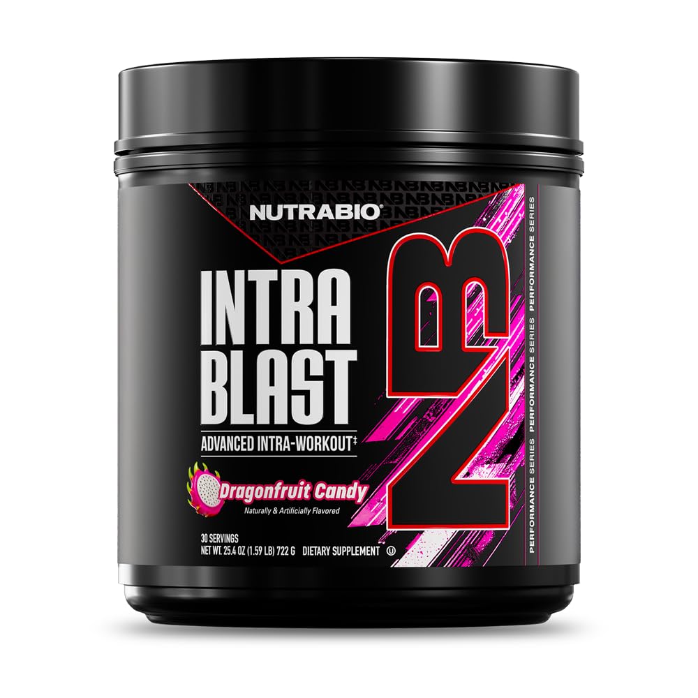 NutraBio Intra Blast Bcaa pulver Aminosyre Supplement, Electrolyte & Hydration blanding, Intra, Pre Workout & Muscle Recovery, 20g Eaa Aminosyrer pulver, 5g Glutamin- Dragonfrukt Candy, 30 Servering