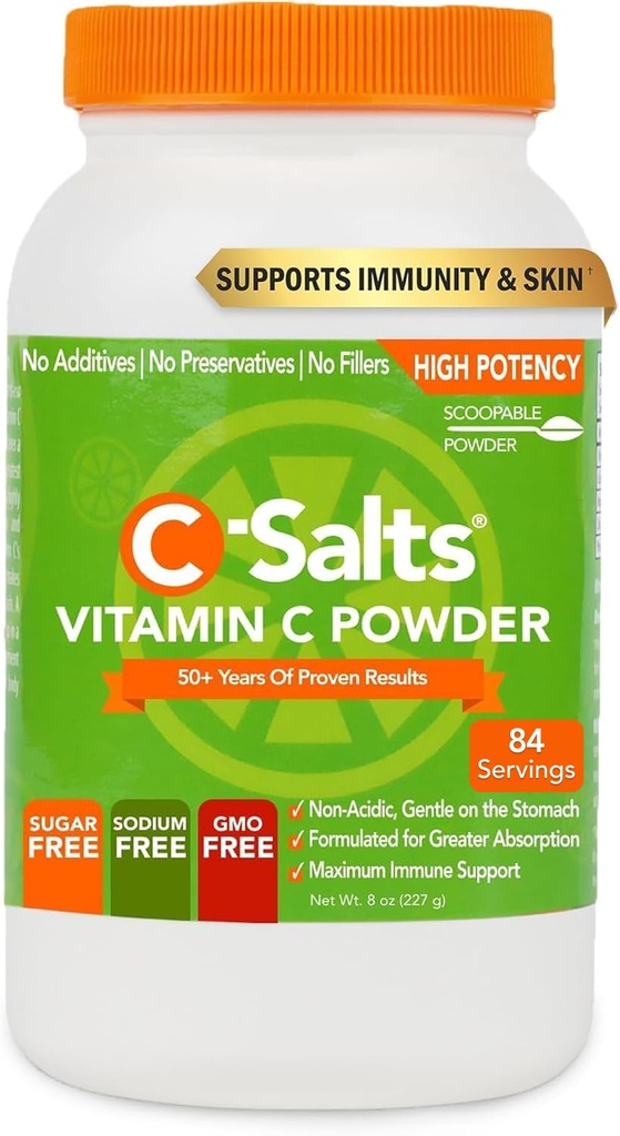 C-Salts vitamin C pulver Supplement - 100% ren høydose buffert vitamin C pulver for immunstøtte - økologisk, sukkerfri, vegansk, ikke-GMO, magevennlig, original 8 oz