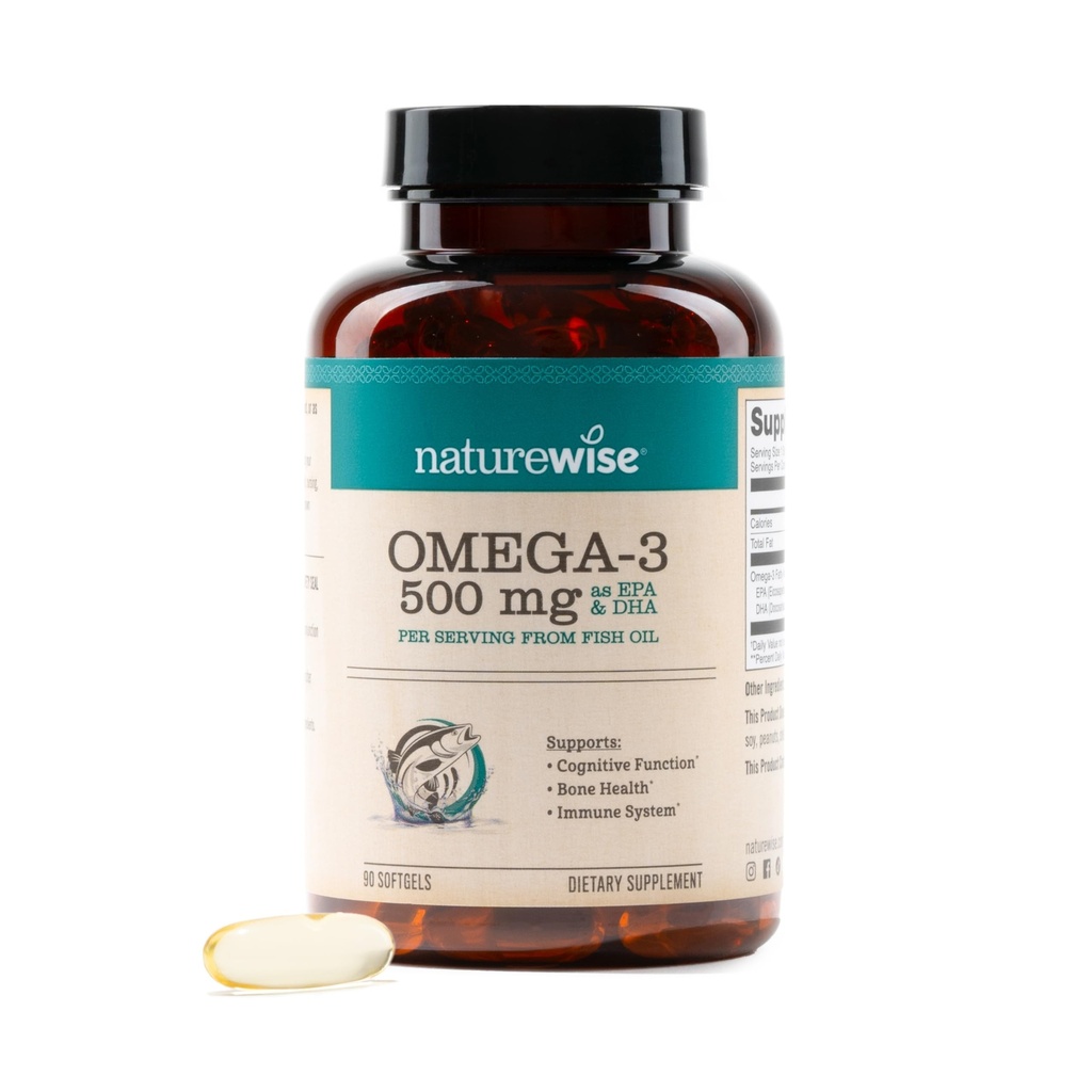 NatureWise Omega 3 Fiskolje - 500 mg per pille - EPA & DHA - Immunstøtte, Hjerne Helse & Optimal Velvære - Gluten og soya Gratis, Ikke-GMO - 90 Softgels[3-måneders forsyning]