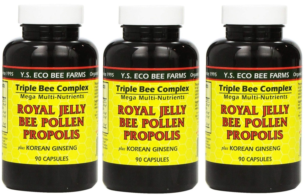 Y.S. Eco Bee Farms, (3 Pakke) Royal Jelly, Bee Pollen, Propolis, Plus Korean Ginseng, 90 Kapsler