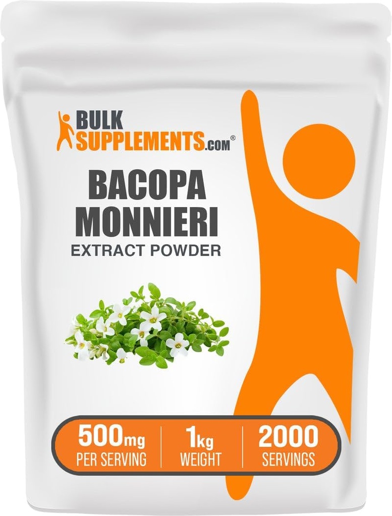BulkSupplements.com Bacopa Extract pulver - Bacopa Monnieri Supplement, Herbal Supplement - Vegansk & Glutenfri, 500 mg per servering, 1kg (2,2 lbs) (Pack of 1)