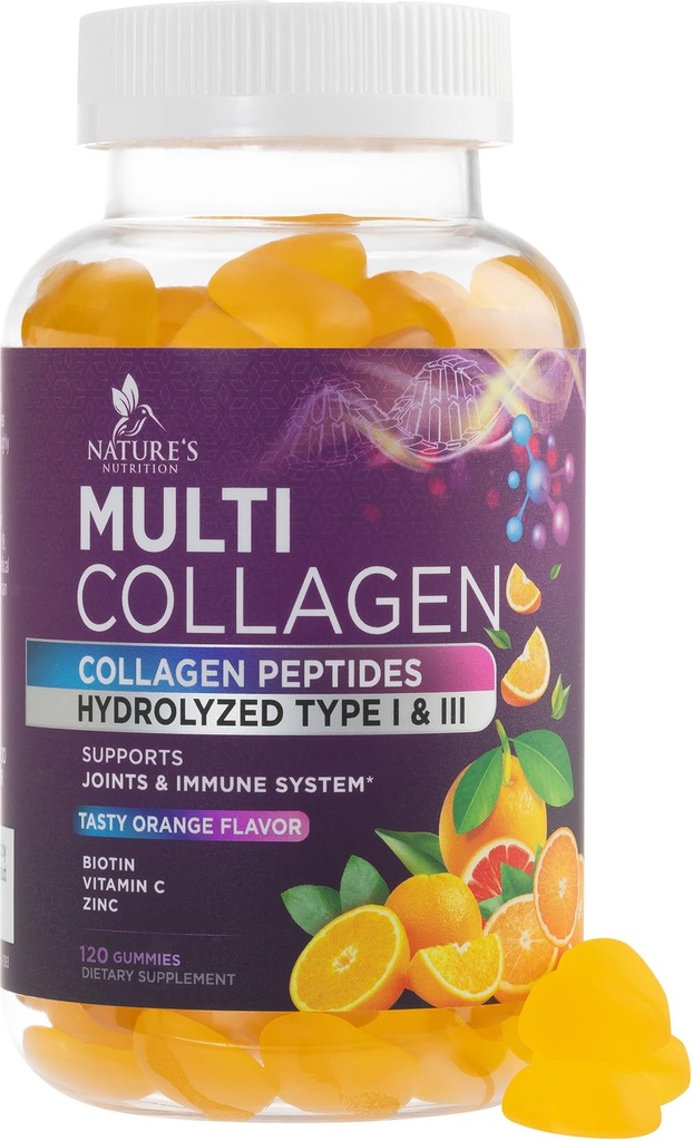 Collagen Supplements Gummies - Hair Growth & Immune Support, Skin & Nails Supplement - 2500mcg Biotin Per Serving - Multi Collagen Hydrolyzed Type 1 & 3, Vitamin C & Zinc, Orange Flavor - 120 Gummies
