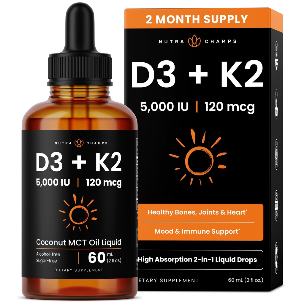 NutraCamps vitamin D3 K2 Dråper, flytende vitamin D3 5000 IU & K2 D3 med MK7, vitamin D-dråper for barn, bein, hjerte og immun helse, flytende vitamin D i MCT olje for bedre absorpsjon