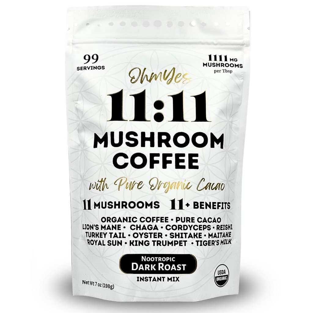 Ohmyes 11 Mushroom kaffe med Cacao – 11 USA Grown Adaptogene Mushrooms for Focus, Klarhet og energi – Lions Mane, Reishi, Chaga + Nootropic Organic Superfood av OhmJa (7oz) - 99 Serveringer