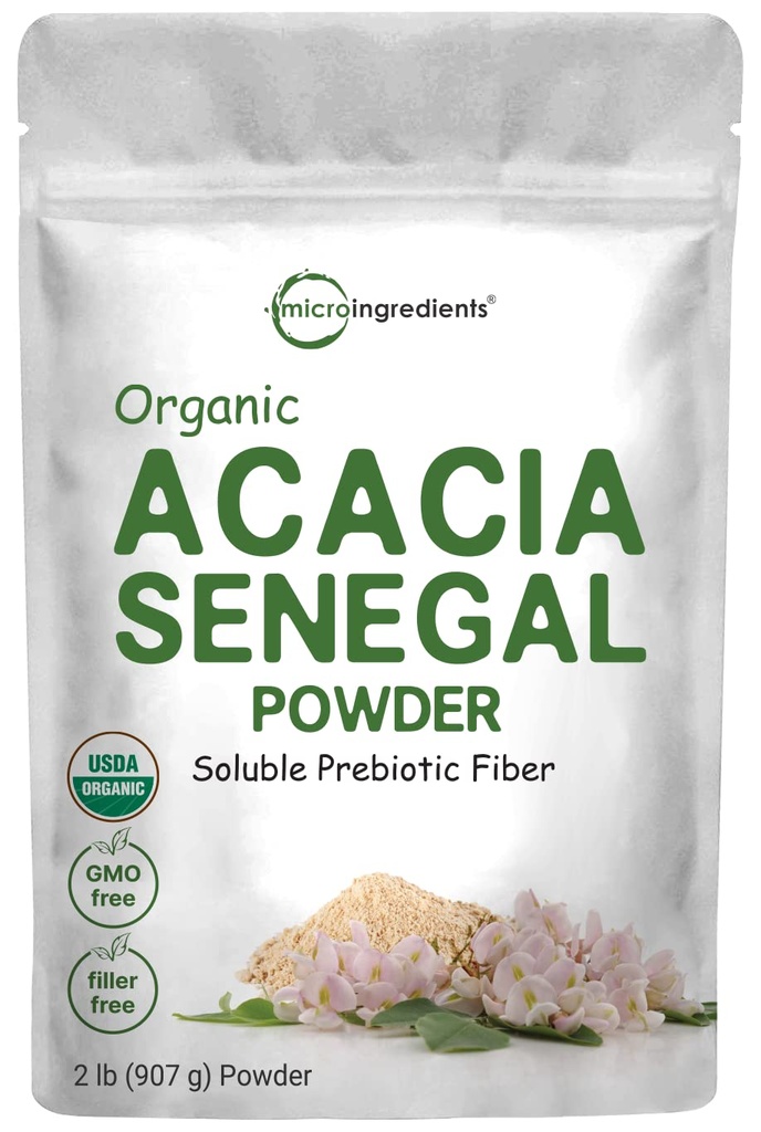 Mikroingredienser Organic Acacia Senegal Fiber Powder, 2 lb Øyeblikklig løselig fiber | Plantebasert prebiotika for Gut & Digestiv Helse | Ikke-GMO, Glutenfri, Vegan