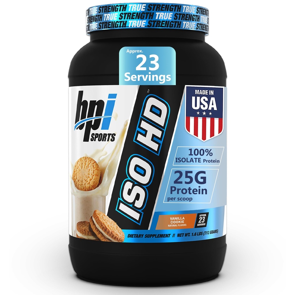 BPI Sports ISO HD Isolate Protein Powder – 100% Whey Isolate, Protein pulver for muskel gevinst - Vanilla Cookie - 1.6 Lb - 23 Serveringer