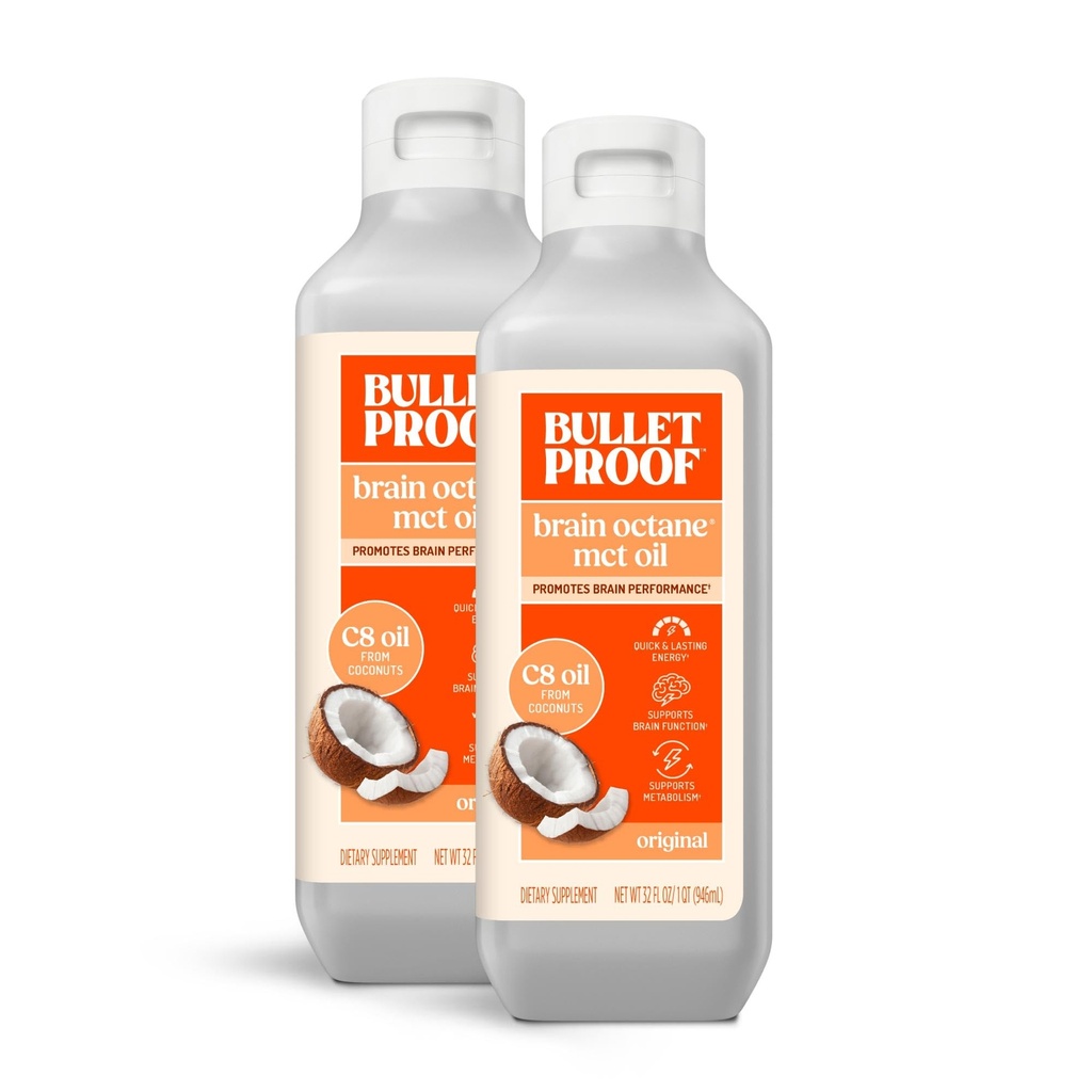 Bulletproof Brain Octane C8 MCT olje, 32 ovner (pakke med 2), Keto Supplement for energi og metabolisme støtte, emballasje May Vary