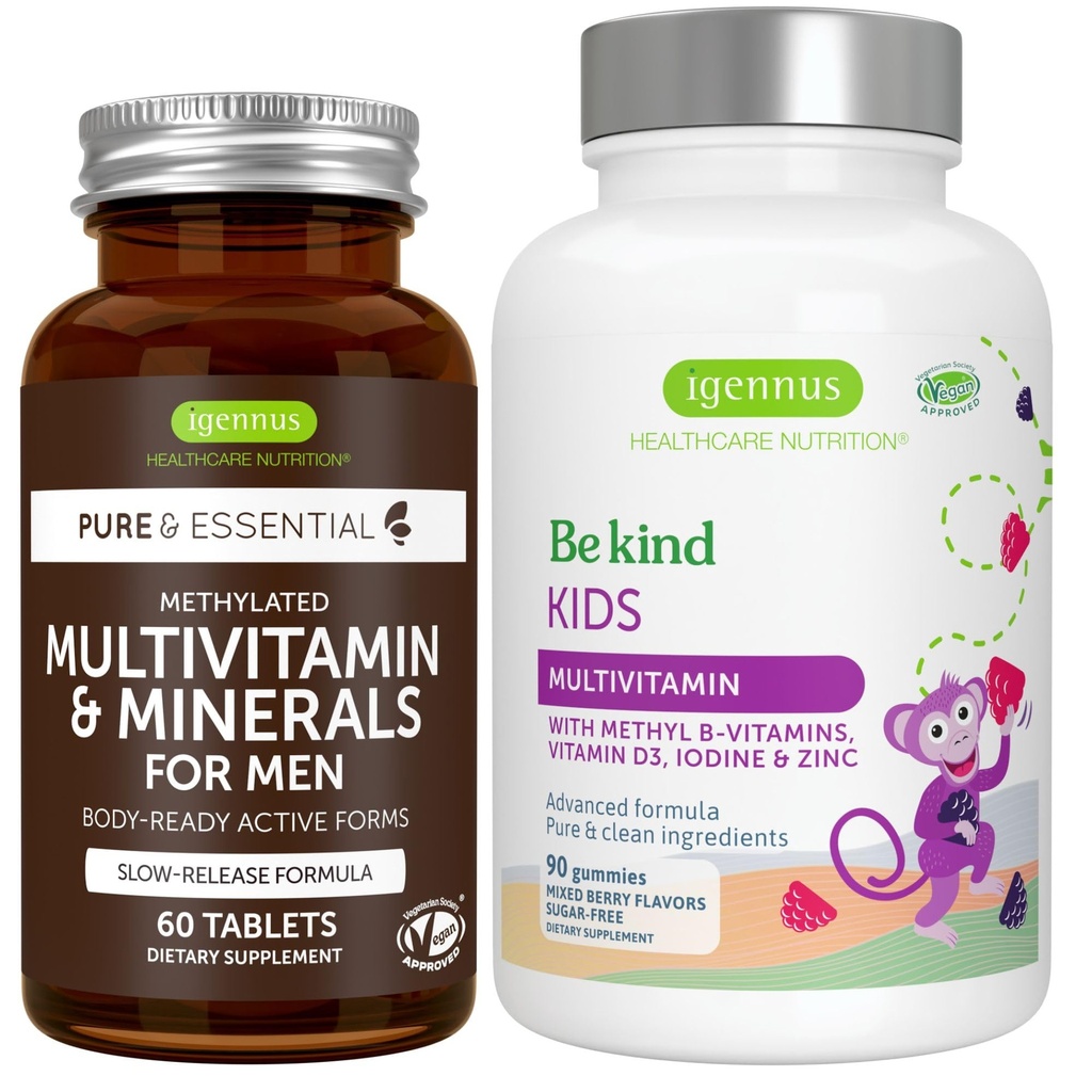 Multivitamin & mineraler for menn + Avanserte Kids Multivitamin Gummy Vegan Bundle, med Metylerte B-vitaminer, Vitamin A, C, D3 & E, Ren etikett, 60 tabletter + 90 Berry Flavor Gummies, av Igennus