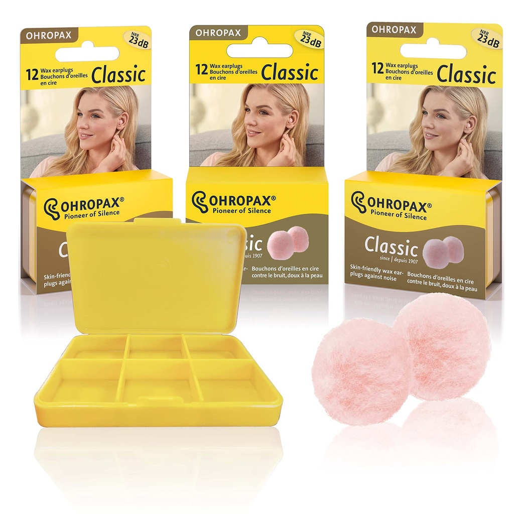 Ohropax Reusable Cotton/Wax Ear Plugs - Ear Plug for Noise Reduction, Studying, & Snoring, Hearing Protection, For Sensitive Ears, Personalized Fit w/ Convenient Yellow Pocket Sized Case, 36 Plugs