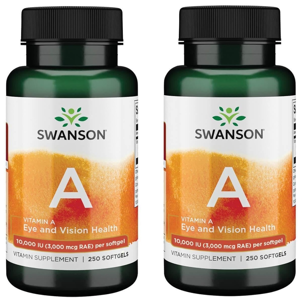 Swanson Vitamin A 10 000 IU (3 000 mikrog RAE) Naturlig nourisering for bein, hud helse, visjon støtte og immunsystem funksjon - høy absorpsjon vitamin A 250 Softgels (2 pakke)