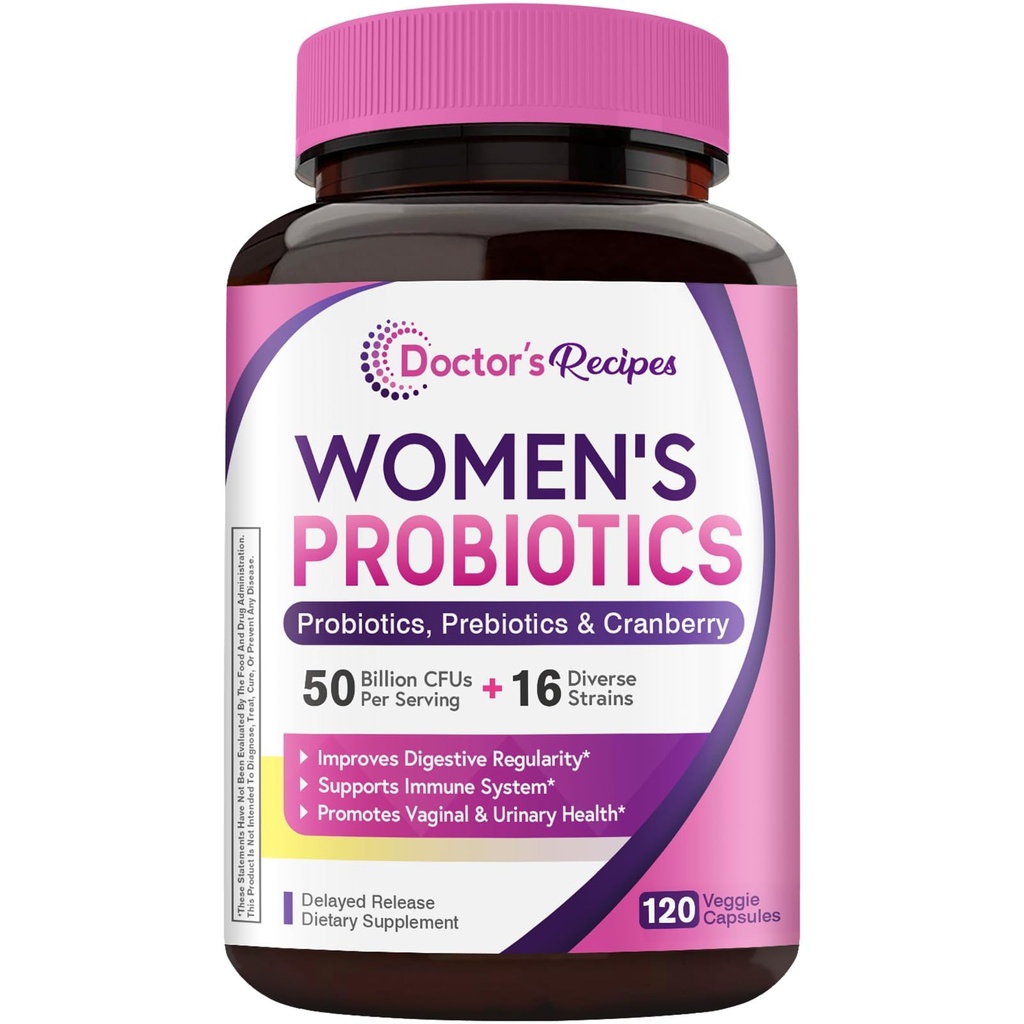 Legens oppskrifter Women's Probiotic, 120 Caps 50 Million CFU 16 Strains, med organisk Cranberry, Digestive immune Vaginal & Urinal helse, hylle stabil, forsinket frigjøring, ingen soya gluten dairy
