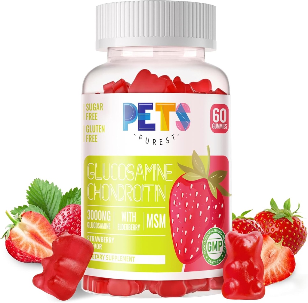 Kjæledyr Purest Glucosamine Chondroitin Gummies med MSM & Elderberry ekstra styrke - Felles støtte, antioksidant immunstøtte supplement for voksne, menn og kvinner. Jordbær