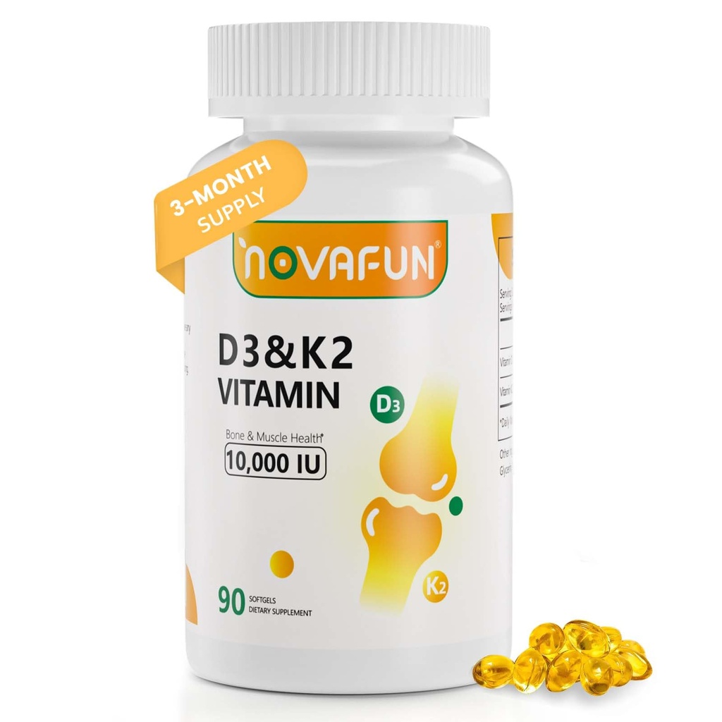 D3-K2-Vitamin-10000 IU K2-D3-Vitamin-Supplement | med kokosolje for bein, tannhelse, støtte muskel og hjerte helse, 90 Softgels