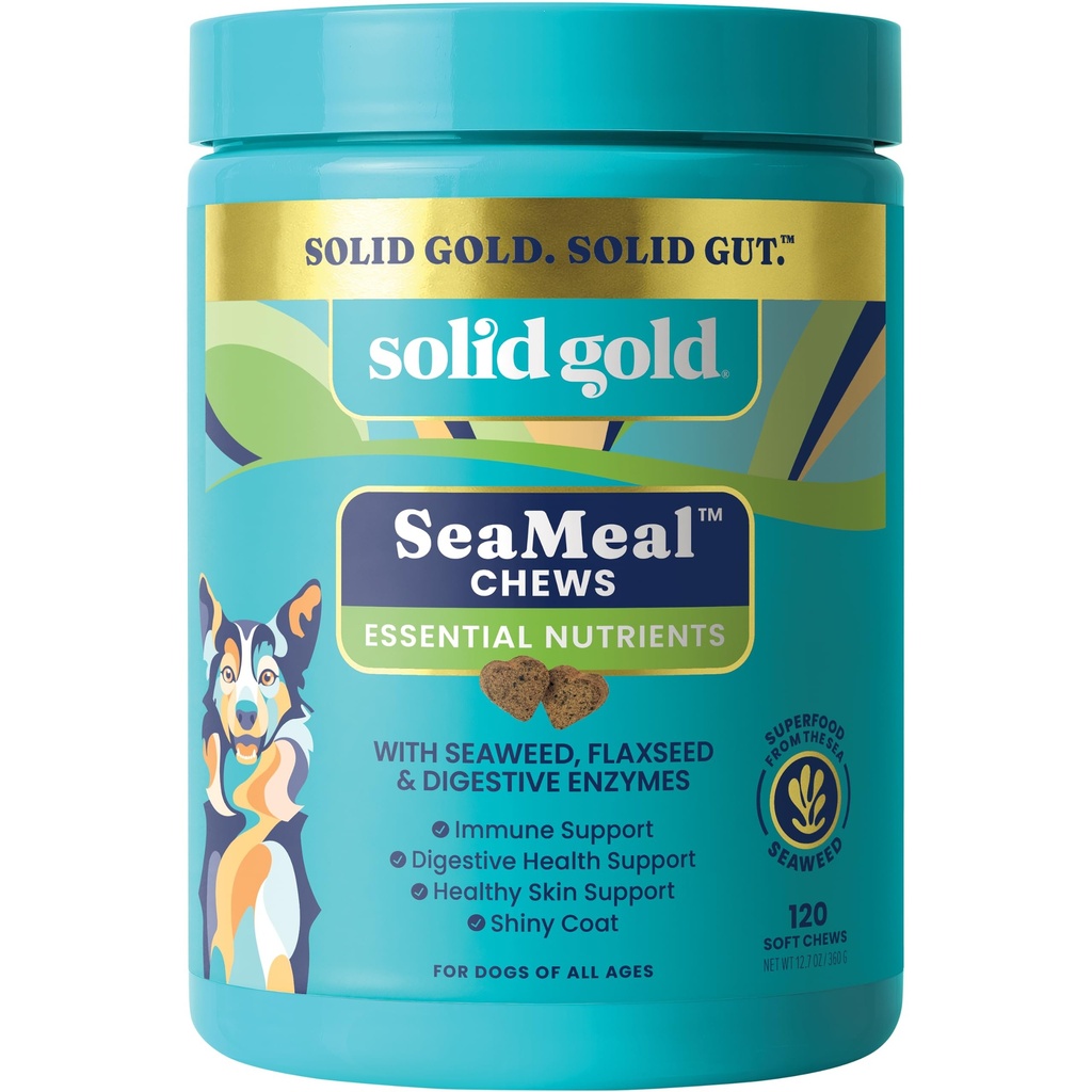 Solid Gold Cat & Dog Multivitamin Chews - Kelp, Omega 3 & Vitaminer for tann, Digestive, Immune, Hud og Coat Helse - Multi vitamin for hunder og katter - Sea Kelp Basert Soft Chew for alle aldre - 120ct
