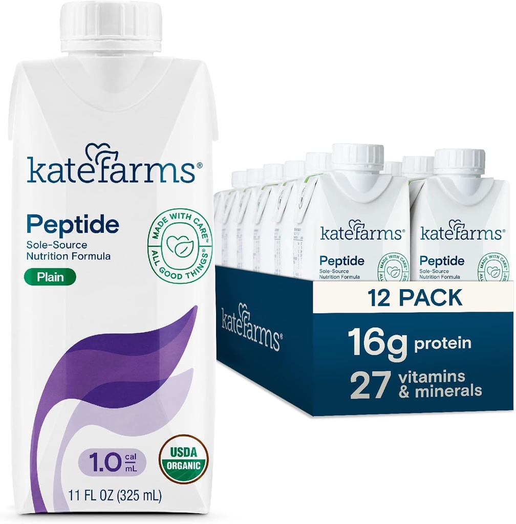 KATE FARMS Organic Adult Peptide 1.0 Formula, Plain, Sole-kilde, Hydrolysert Plantebasert ernæring for oral eller tube fôring, 11 Fl oz (12 Pack)