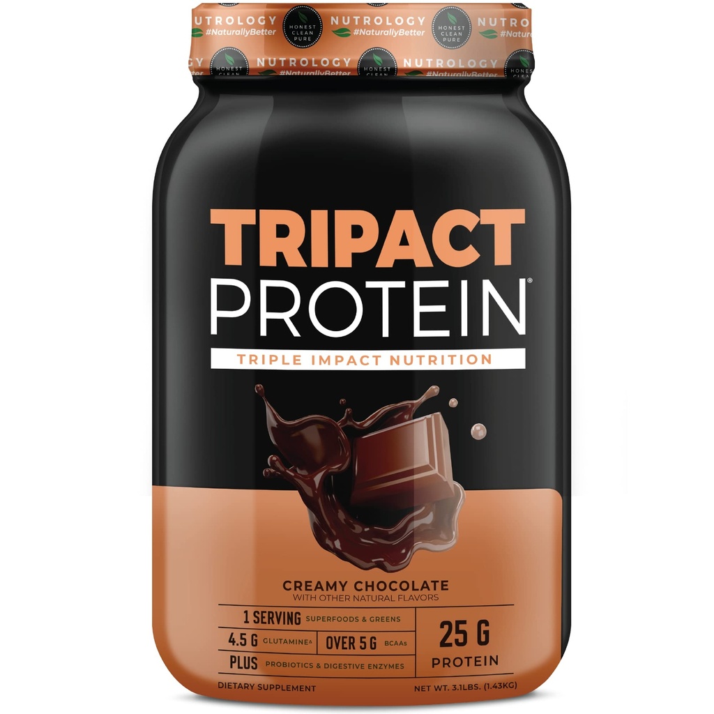 Nutrologi TRIPACT Protein pulver - 7-i-1 måltidserstatningsshake med korn Fed Whey Protein pulver, era, ris, grønn for muskelgjenvinning og immunitet, kremet sjokolade flavor, 40 serveringer