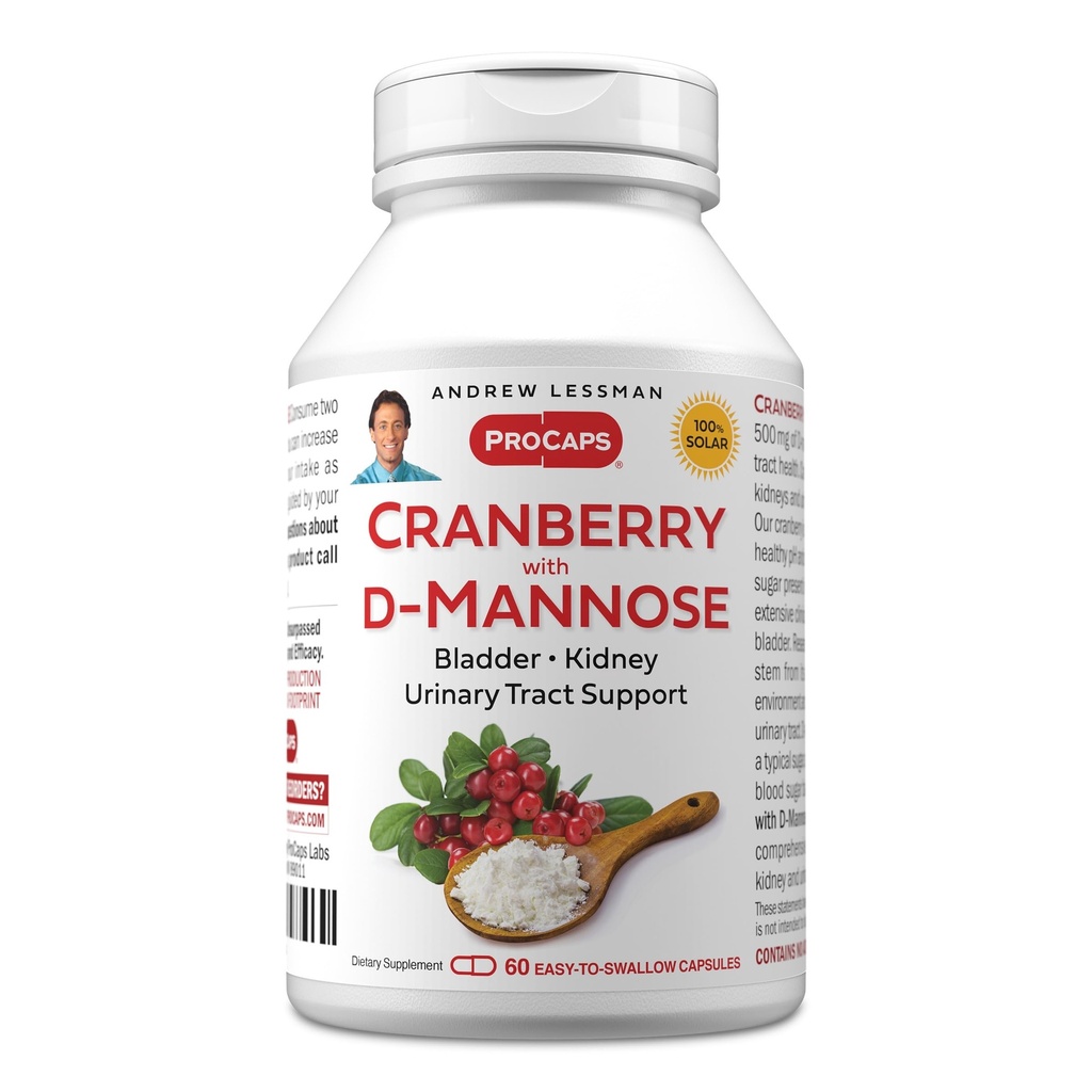 ANDREW LESSMAN Cranberry med D-Mannose - 60 kapsler - støtter Bladder, nyre- og urinveistrakt helse. Høy styrke Standardisert Cranberry Koncentrate og D-Mannose. Lett å svelge kapsler