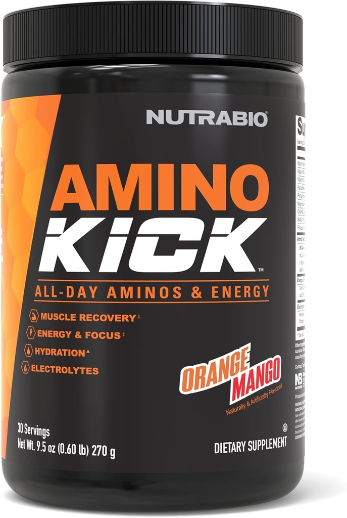 NutraBio Amino Kick - BCAA pulver med naturlig koffein - Aminosyrer Supplement for energi, Hydration & Recovery - BCAA, elektrolytter og aminosyrer - Orange Mango, 30 Serveringer