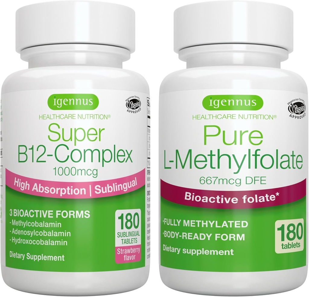 Super B12-Complex 1000mcg + ren folat 400mcg Vegan Bundle, høy absorpsjon sublingual vitamin B12 med Metylkobalamin, Adenosylcobalamin & Hydroxokobalamin + Optimisert L-Metylfolat, ved Igennus