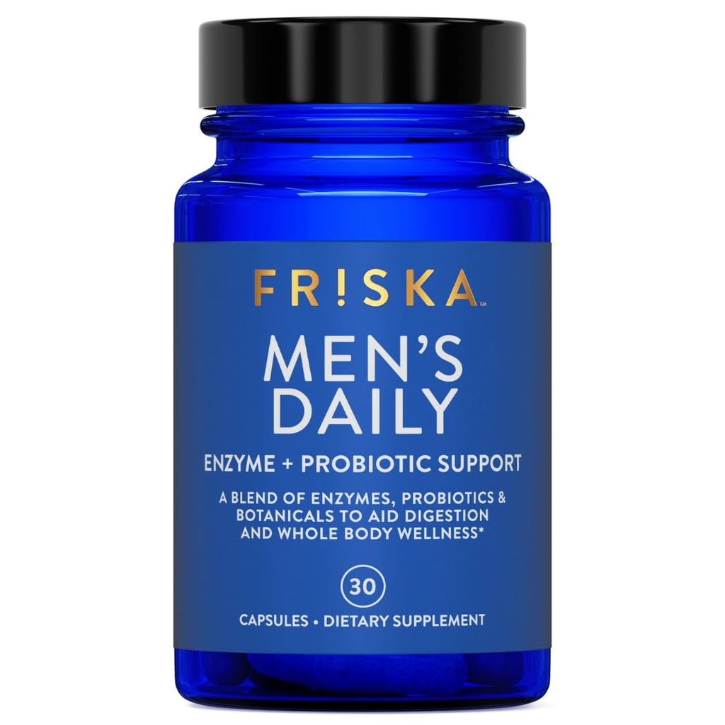 FRISKA menns daglige digestiv enzym og probiotika Supplement, naturlig støtte for mannlig digestiv helse, blooting, gass, indiesjonsrelief, støtter gut helse, Lactase og B-vitaminer, 30 kapsler