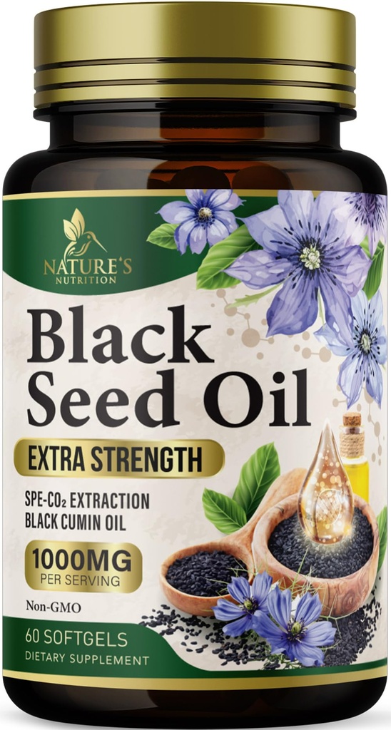 Svart Seed Oil Softgels 1000mg - Premium Nigela Sativa Black frø, ren naturlig svart cumin frøolje og antioksidant for hud og immun støtte - ikke GMO, flaske i USA Supplement - 60 Softgels
