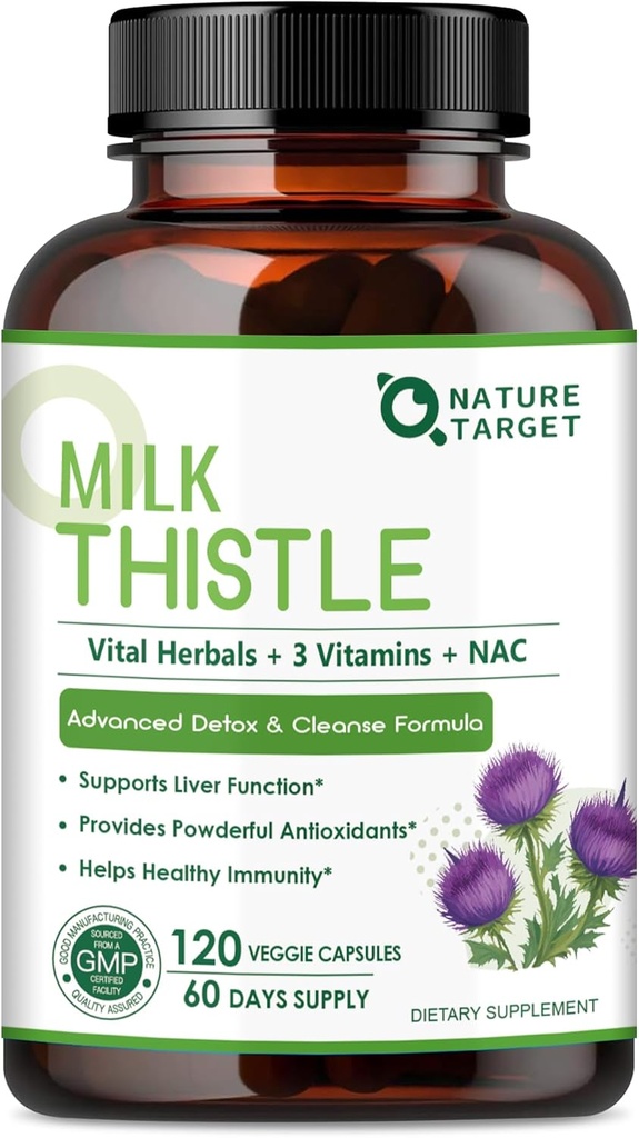 NATURE TARGET Melk Thistle Supplement for Liver Cleanse Detox & Repair, Støtte Supplement med 350 mg 30:1 Melke Thistle Extract tilsvarende 10500mg, 120 Veggie Kapsler(60 dagers forsyning)