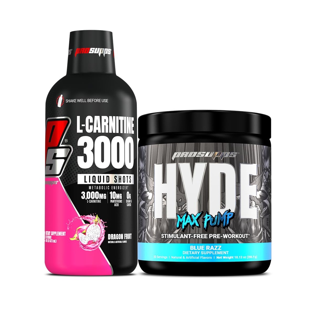 PROSUPPS L-karnitine 3000 Stimulante gratis flytende bilder (31 serveringer, Dragon frukt) og Hyde Max Pump pre trening for menn og kvinner (20 Serveringer, Blå Razz)