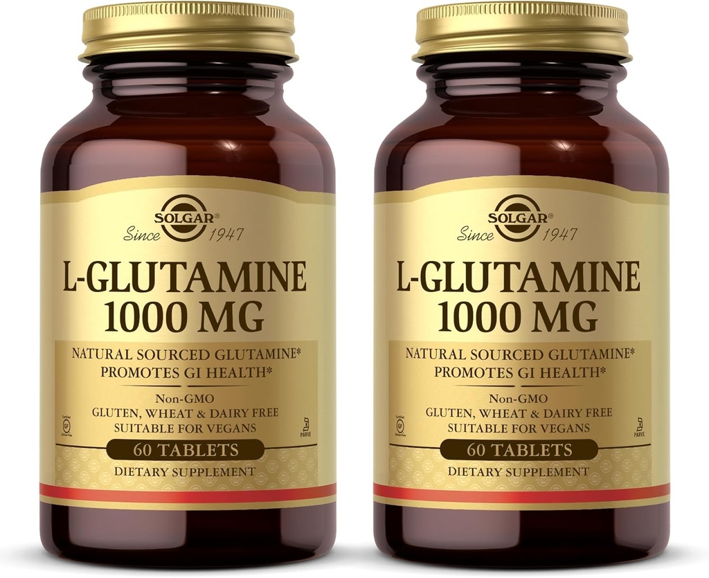 Solgar L-Glutamin 1000 mg, 60 tabletter (pakke med 2) - Naturlig muskelmat - fremmer gastrointestinal (GI) Helse - støtter hjernehelse - Ikke-GMO, Vegansk, Glutenfri, Kosher - 60 Total Services