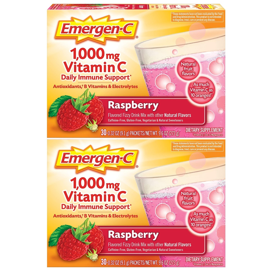 Emergen-C 1000mg vitamin C pulver, med antioksidanter, B vitaminer og elektrolytter, vitamin C kosttilskudd for immun støtte, koffein gratis drikke blanding, bringebær flavor - 60 Count/2 måneds forsyning