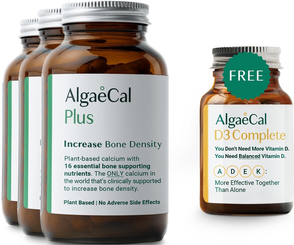 ALGAECAL Plus Bundle - Gratis 4-i-1 vitamin D3 Komplett og rød algae kalsium med 16 ben-støttende næringsstoffer, klinisk støttet for å øke beintettheten og øke immunsystemet