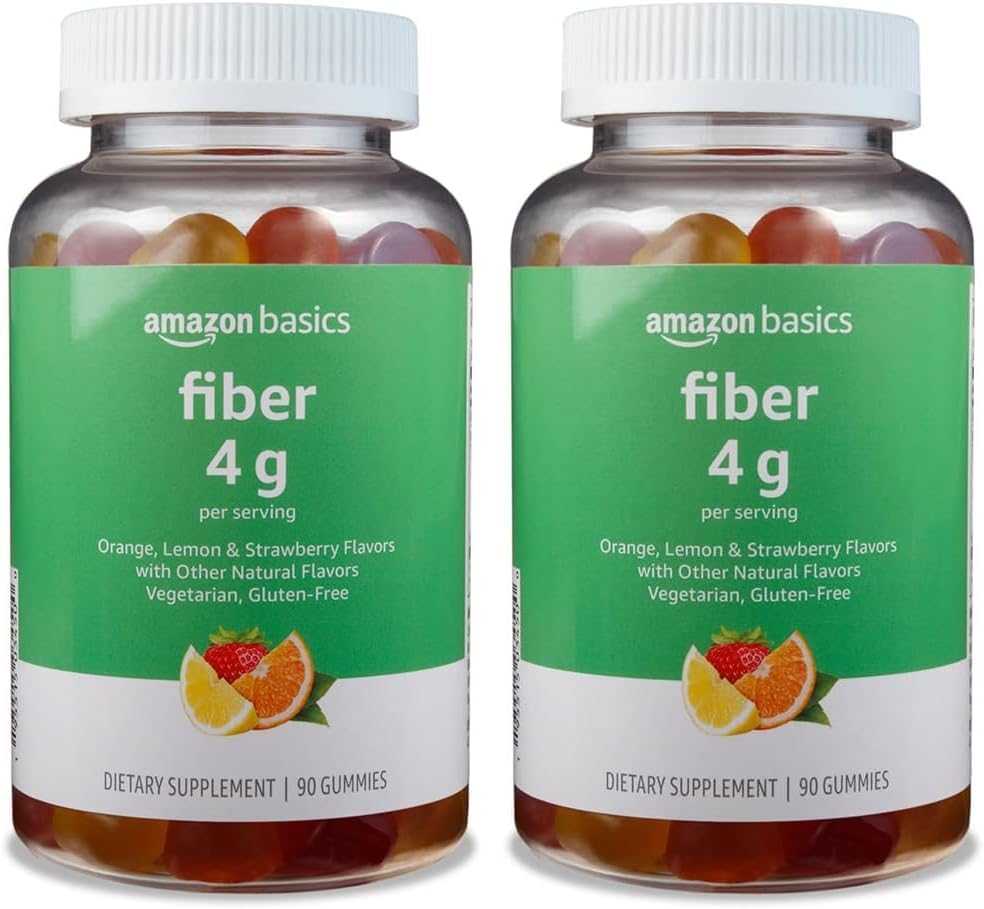 Grunnleggende (tidligere Solimo Fiber 4g Gummy - Digestiv helse, støtter regelmessighet, oransje, sitron og jordbær, 90 gummier (2 per servering) (pakke med 2)